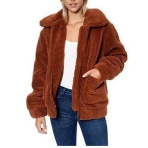 Elodie Rust Brown Fuzzy Faux Shearling Teddy Zip Up Jacket